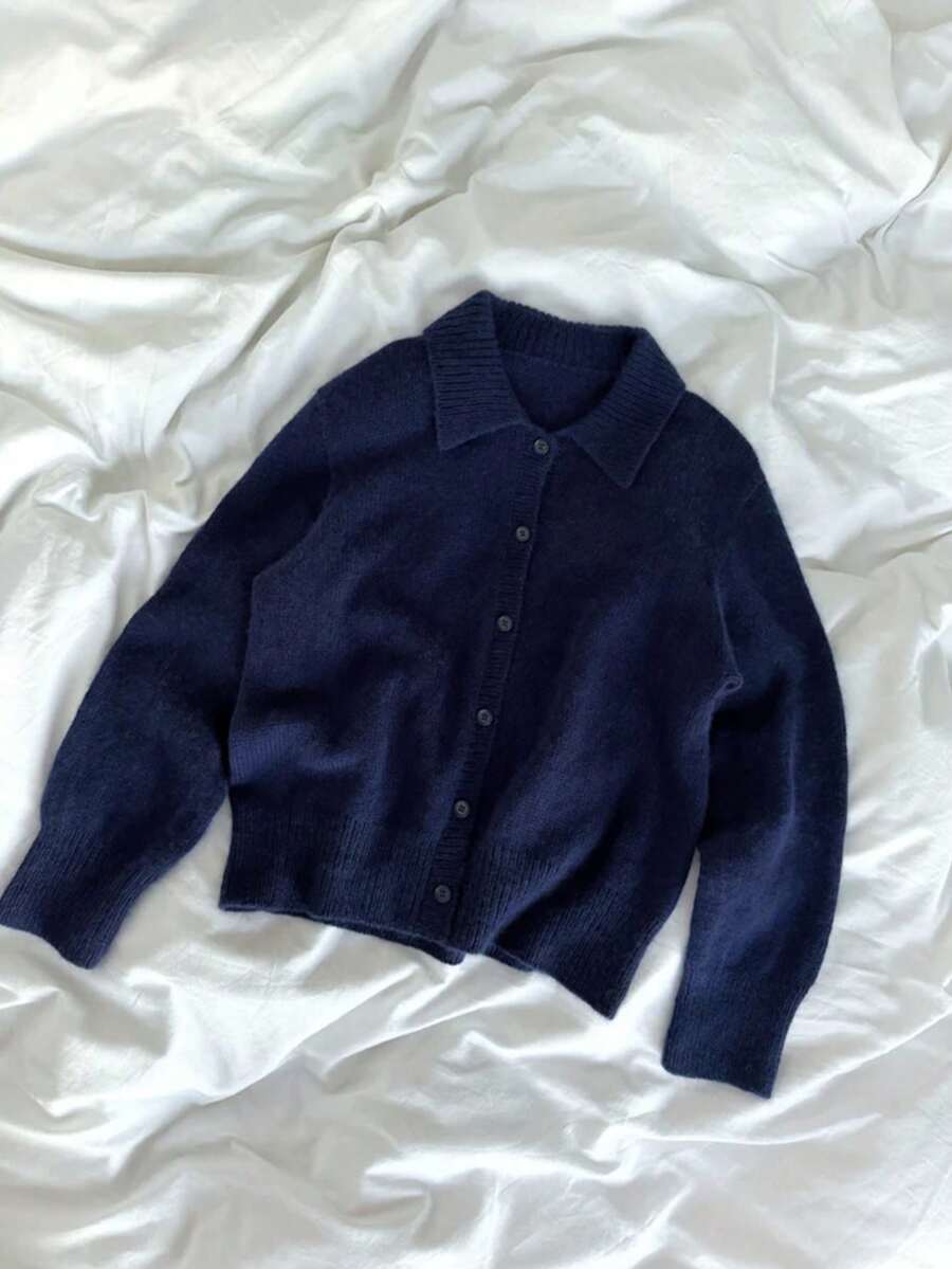 Kardigan Rajut Wanita Musim Gugur/Dingin Vintage Biru Navy Kerah Lipat Desain Kancing Tunggal Efek Melangsing Serbaguna Jaket Sweater - Navy Blue - View 1