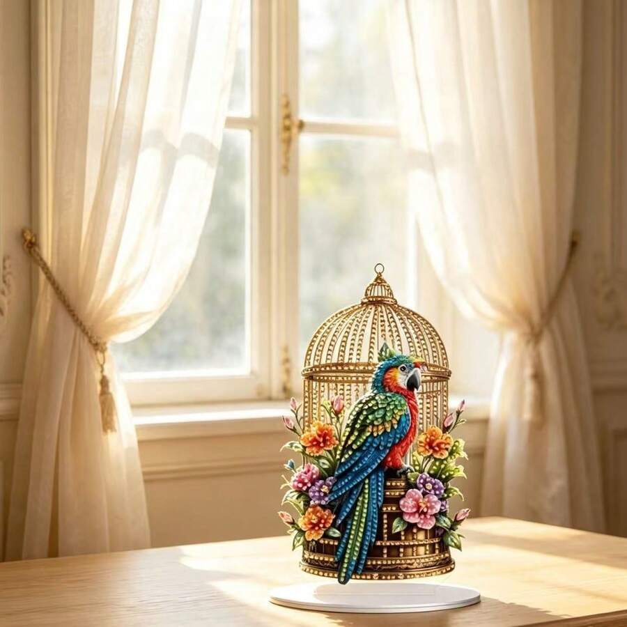 Vintage Bird Cage Colorful Macaw Acrylic Desktop Ornament, Floral Animal Living Room Tabletop Decor Craft