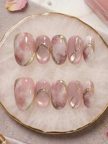 10Pcs Medium Round Handmade Reusable Press On Nails, Pink Watercolor Marble Cat Eye Base, Irregular Thin Gold Wire Curve Line Decor, Gentle Minimalist Luxury Korean Style False Nail Kit For Wedding Daily Dating Office - Pink - View 3