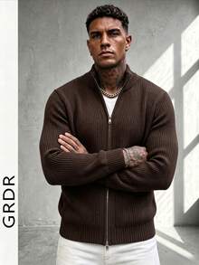GRDR Suéter de cuello redondo de manga larga con doble cremallera para hombre, versátil para uso diario - Café integral - Ver 2