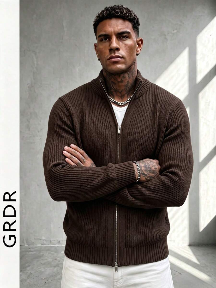 GRDR Suéter de cuello redondo de manga larga con doble cremallera para hombre, versátil para uso diario