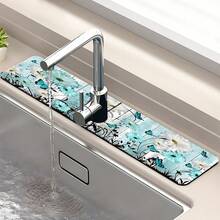 1pc Vintage Wooden Board Blue Floral Pattern, Anti-Slip Faucet Drain Mat, Bathroom Faucet Splash Guard, Mud Guard, Moisture-Proof Anti-Slip Faucet Mat, Kitchen Countertop Accessory. Protect Your Kitchen Countertop. - Multicolor - View 4