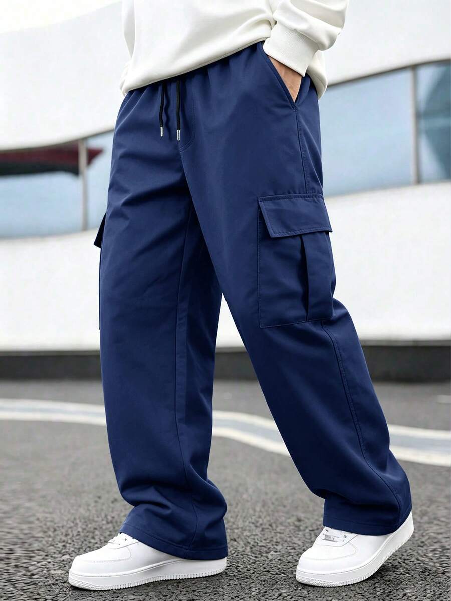 Celana Kargo Pria Model Longgar Warna Polos dengan Banyak Saku untuk Musim Semi/Gugur, Celana Kasual Potongan Lurus untuk Liburan, Perjalanan, Aktivitas Luar Ruangan, dan Bepergian - Royal Blue - View 1