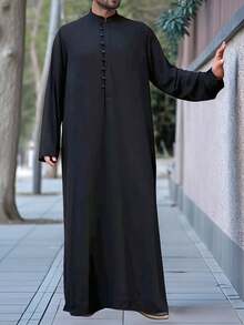 Men's Solid Color Long Sleeve Stand Collar Arabic Robe - Black - View 7