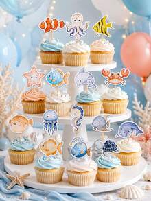 15/30pcs Ocean Animal Cake Toppers, Ocean Creature Theme Cupcake Decorations, Underwater Party Supplies, Ocean Style Dessert Picks - View 4