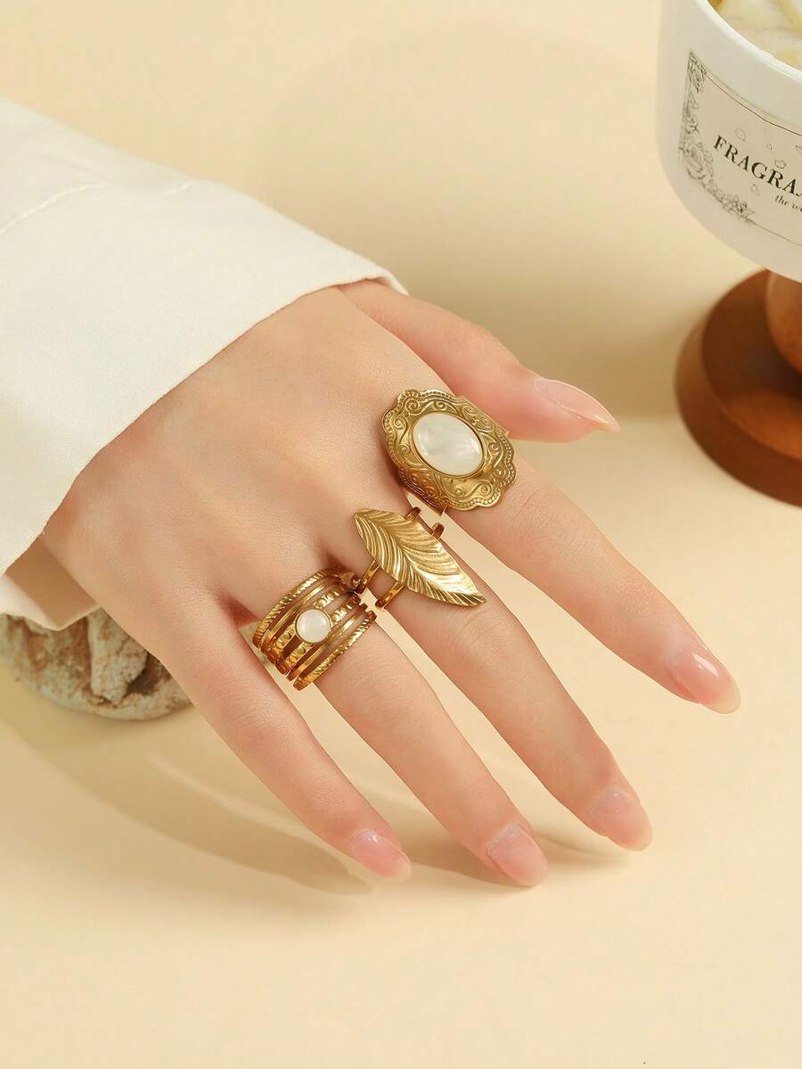 3pcs Stainless Steel Vintage Carved Gold Open Ring Set, Leaf Oval Shell Inlaid Vintage Stackable Adjustable Rings, Women's Daily Party Accessories - Yellow Gold - View 1
