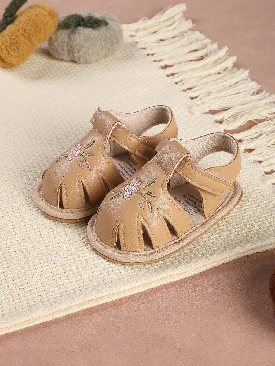 1 Pair Fashion Versatile Embroidered Floral Sandals, Soft Sole Pre-Walker Shoes, Infant Shoes, Suitable For Infants And Toddlers, Party, Banquet, Vacation - Apricot - View 1