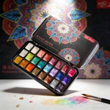 24 Colors Pearlescent Mandala Solid Watercolor Paint Set, Vintage Mandala Pattern Watercolor Paint, Painting Supplies Office And Learning Supplies, Art Supplies, Gold Iridescent Holographic Fine Glitter Metallic Watercolor Paste, Mandala Coloring Book Scrapbook Card Nail Art DIY Water-Soluble Glitter Painting Paint Full Set - Multi-color - View 2