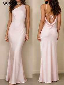 QUNGIGU Women's One Shoulder Long Mermaid Hem Satin Luxury Formal Evening Gown, Suitable For Wedding Guest, Graduation Ceremony - Pink - View 1