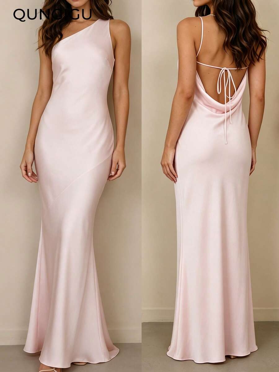 QUNGIGU Women's One Shoulder Long Mermaid Hem Satin Luxury Formal Evening Gown, Suitable For Wedding Guest, Graduation Ceremony - Pink - View 1