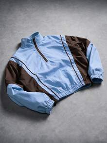 Modcrash Jaket Windbreaker Retro Pria dengan Resleting Setengah, Kerah Tegak Warna Kontras, Jaket Pullover Ringan, Pakaian Kasual Streetwear untuk Musim Gugur/Musim Dingin - Biru - View 3