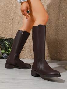 Women's New Flat Tall Boots Round Toe Low Heel Riding Boots With Back Zipper - Brown - View 5