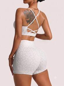 2pcs/Set Women's Seamless Leopard Print Sports Set, High Waist Butt-Lifting Shorts & Adjustable Criss-Cross Sports Bra - Light Grey - View 7