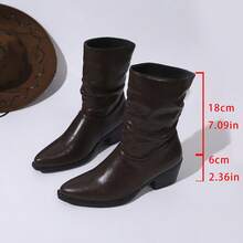 Women's Soft Ruched Stacked Mid-Calf Boots, Vintage Pointed Toe Chunky Heel Western Cowboy Boots, Leg-Lengthening Elegant Ankle Boots, Western Style, Holiday - Brown - View 5