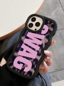 1pc Y2K American Vintage Leopard Print SWAG Large Letter Wavy Edge Matte Black Phone Case, Ins Hip-Hop Street Style Pattern - Black - View 1