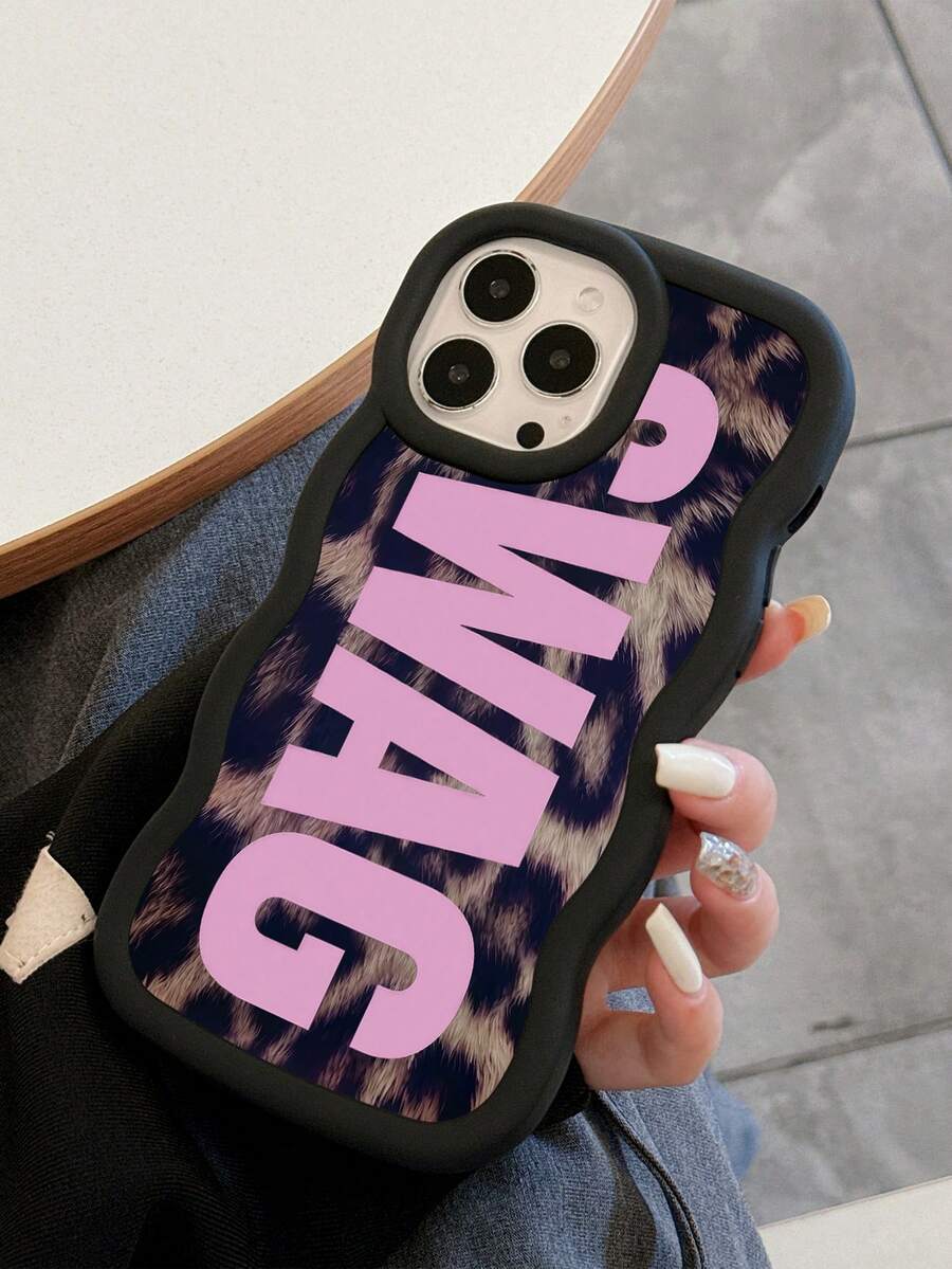 1pc Y2K American Vintage Leopard Print SWAG Large Letter Wavy Edge Matte Black Phone Case, Ins Hip-Hop Street Style Pattern - Black - View 1