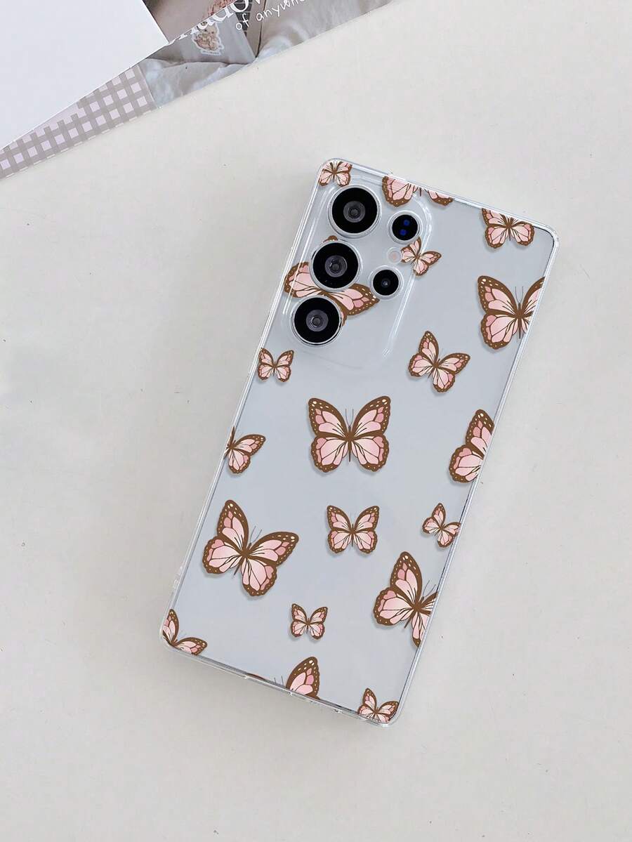 1pc Shockproof Full Coverage TPU Material, Transparent Perforated Phone Case, Pink Butterfly Pattern Full Print, UV Printing Process, Compatible With Android, Nothing, Pixel, Series Phone Protective Case, Holiday Gift, Daily Commute, Daily Anti-Drop Highly Attractive Style - Multicolor - View 1