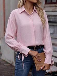 SwallowLucky Women's Autumn Dropped Shoulder Tie Sleeve Blouse, Pale Pink Button Front, Clean Fit Style Top - Baby Pink - View 3