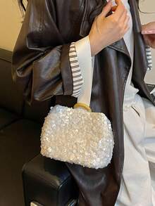 Dedoo 亮片水桶包，柔軟休閒手提包，全覆馬卡龍色亮片，可愛仙女風時尚女款日常花園婚禮場合包 - 白色 - 查看 3