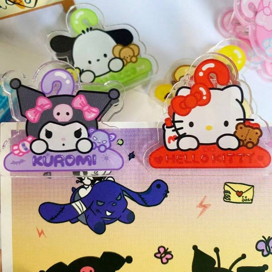 SANRIO 5PCS/10PCS Random Color Cute Cartoon Print Acrylic Ticket Clips, Colorful Animal Shaped Strong Clips, Student Exam Paper File Organizer, Planner Photo Decoration Clips, Office Desk Organizer Stationery, Holiday Gift, Halloween Healing Style Cute Stationery - A-random Color - View 1