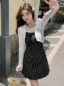 Gaun Camisole Motif Bunga Patchwork dengan Hiasan Pita Desainer, Warna Hitam Elegan - Hitam - View 5