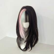 Y2K Cool Dark Brown Wig With Pink & Mint Face Framing Streaks, Layered Wolf Cut Collarbone Wig For Alt Girls Streetwear & Photo Shooting - Pink and Green Highlighted Wig - View 2