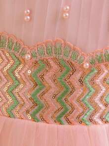 Tween Girls Faux Pearl Contrast Color Embroidered Mesh Elegant Party Dress, Headband Not Included - Pink - View 7