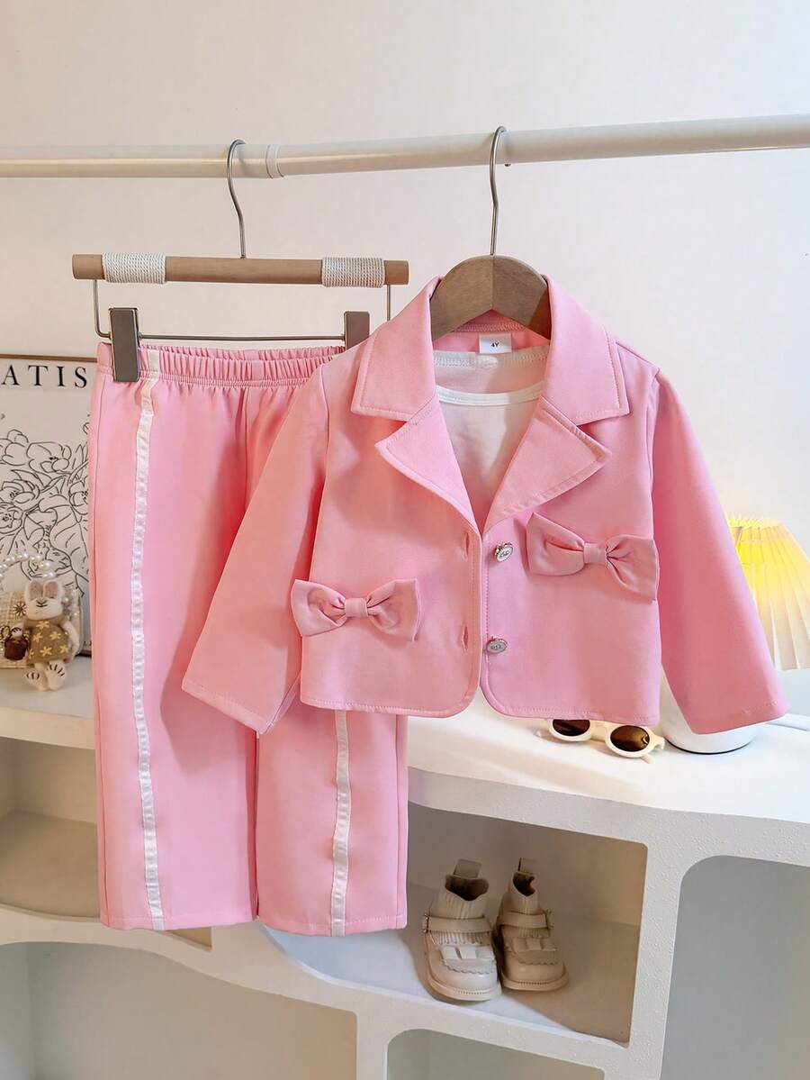 2pcs Soft Pink Girls Short Blazer Two Pieces Set, Lapel Double-Breasted Design With 3D Bow Decor, Exquisite Long Sleeve Tailoring, Paired With Side White Elastic Wide-Leg Long Pants, Soft Drape Fabric, Sweet Commuter Style Young Girl Outfit - Pink - View 1