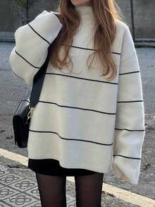 Live To Mo Women's Casual Striped Small Stand Collar Knit Top, Loose Drop Shoulder Long Sleeve Sweater, Suitable For Autumn Back To School, Daily And Outing Wear - Black and White Stripes - View 11