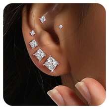 MDFUN Stud Earring Set For Women Men 18K White Gold Plated Princess Cut 4 Prong Graduated Square Clear Cubic Zirconia Pack Of 6 Pairs - White-6 Pairs - View 2