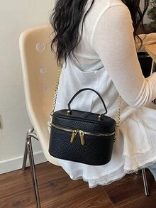 حقيبة صندوق نسائية فاخرة أنيقة بإغلاق سحاب، حقيبة كتف/حقيبة كروس بودي عصرية بسيطة باللون الأسود النقي مع حزام كتف قابل للتعديل - الأسود - مشاهدة 4