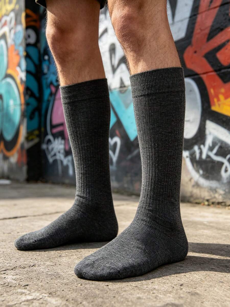 1 par de calcetines altos de color gris sólido para hombre, estilo empresarial minimalista, adecuado para el desplazamiento diario, deportes y uso en otoño/invierno - Gris Oscuro - Ver 1