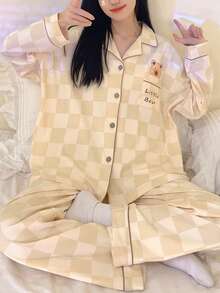 2pcs/Set Women's Pajamas Homewear Set, Lapel Cardigan Cute Pattern Print Decor Long Sleeve Cropped Pants, Suitable For All Seasons - Champagne - View 4