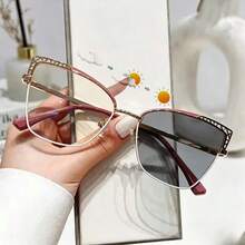 1 pièce Lunettes de mode polyvalentes pour femmes, multifonctionnelles, à strass bicolores, en métal, style œil de chat, changeant de couleur, pour intérieur/extérieur - Or violet/Verres photochromiques - Voir 13