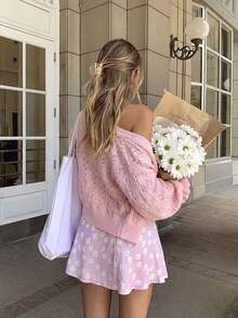 Korean Gentle Campus Pink Ribbed Hollow V‑Neck Cardigan, Women's Lotus Cuff Short Knit Top For Autumn Outing Commute Dating - Pink - View 2