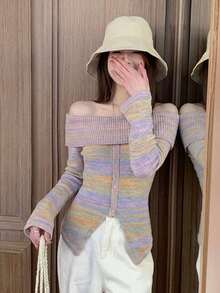 Women's Colorful Open Shoulder Off Shoulder Long Sleeve Sexy Sweater, Autumn/Winter Style (Random Stripes) - Pink - View 5