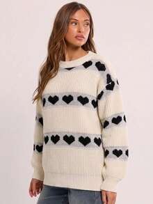 Heart Pattern Colorblock Knit Sweater For Women, Crew Neck, Loose Fit, Long Sleeves, White And Black, Casual Winter Outfits Pullover - White - View 4