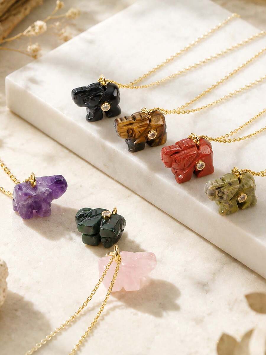 1pc Hand Carved Crystal Elephant Pendant Necklace For Women Natural Stone Rose Quartz Amethyst Mini Animal Handicraft Jewelry H935 - Necklace - View 1