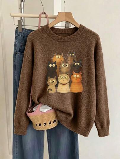 Plus Size Women's Autumn Vacation Cute Cartoon Cat Pattern Round Neck Long Sleeve Casual Brown Knit Sweater/Autumn Outfit