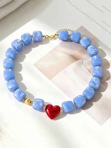 1pc Bohemian Vacation Style Luxury Sweet Unique Resin Square & Heart Shaped Beaded Necklace, Fashion Y2K Exquisite Women's Neck Jewelry, Suitable For Daily Wear, Date, Party And Beach Vacation - Multicolor - View 6