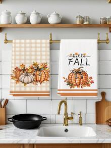 2件組 Hello Fall 格紋南瓜楓葉廚房抹布 秋季農舍風洗碗布 可用於廚房擦手巾 茶巾 適合農舍風廚房居家室內碗盤晾乾 - 白色 - 查看 3