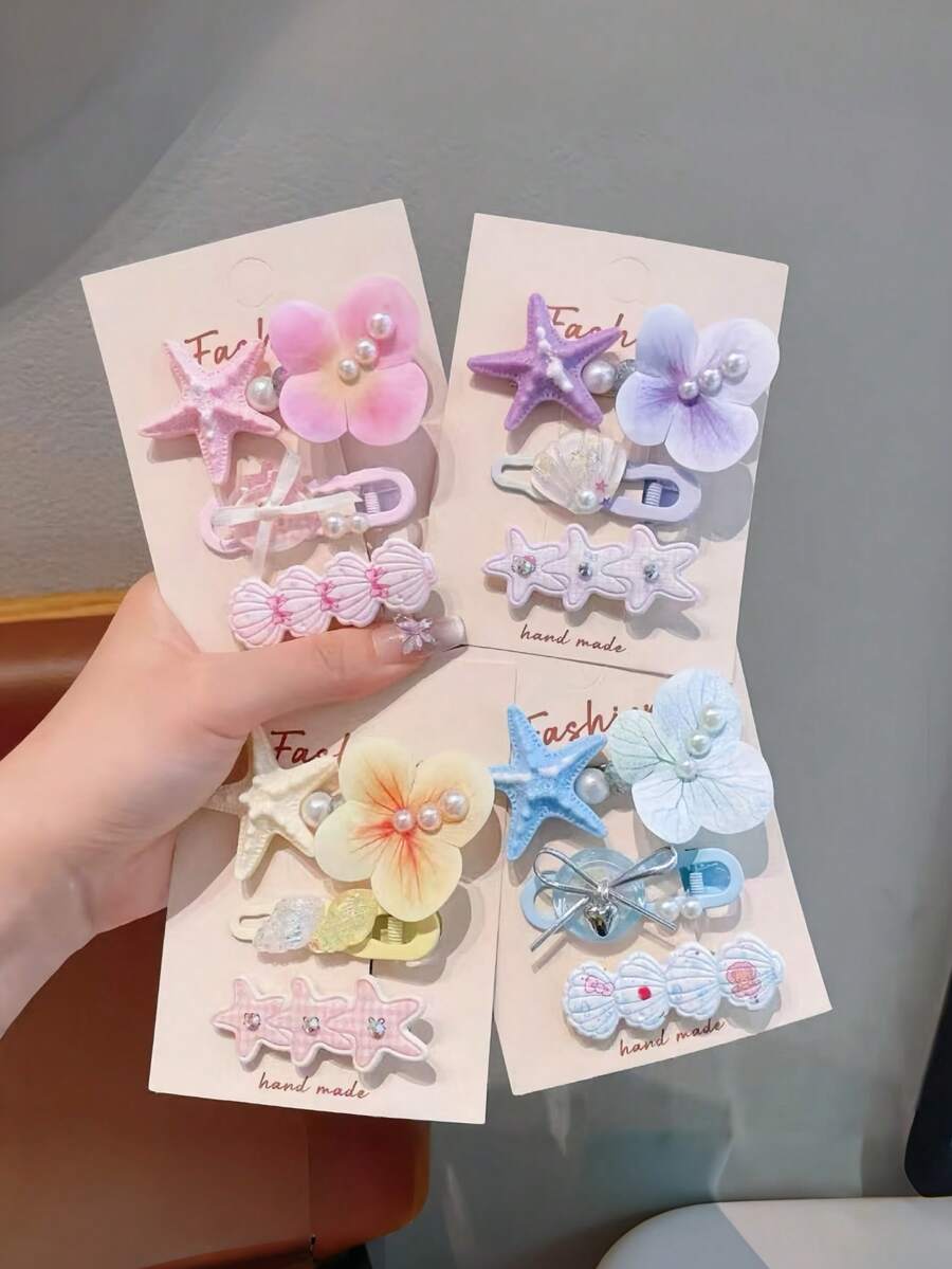 3pcs Ocean Floral Hair Clips, Starfish Shell Pearl Decor Women's Hair Clips