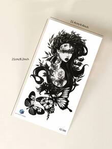 1pc Black Aesthetic Floral Butterfly Crescent Moon Branch Leaf Portrait Pattern Temporary Tattoo Sticker, Waterproof Body Skin Tattoo For Party Gift, Holiday Gift, Concert, Arm, Leg - Black - View 6
