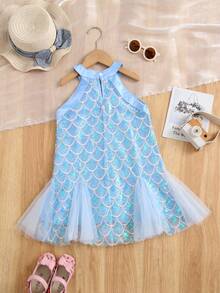 1 Stück Mädchen süß glamourös elegant süß Meerjungfrau Prinzessin glänzender Pailletten Muster Tüll Volant Rock rundhals ärmellos Kleid, Party Geburtstag Aufführung Feiertag Kostüm, geeignet für alle Jahreszeiten - Babyblau - Übersicht 3