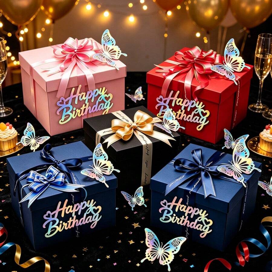 1 Set Includes (Main Gift Box, 2 Butterflies, Happy Birthday Font, Glue Dots) Surprise Gift Box/Multi-Color Square Gift Packaging Box/Ribbon Bow Gift Box/Party Photo Decoration Gift Box Holiday Gift Storage Gift Box/Ins Style Colorful Gift Packaging Box/Birthday Anniversary Gift Empty Box Scene Decoration/Wedding Holiday Party Packaging Box/Valentine's Day Anniversary Gift Empty Box Party Scene Decoration Gift Box