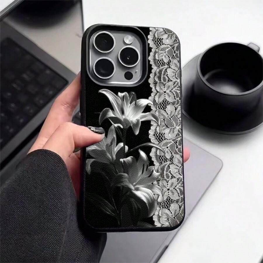 1pc TPU Material Vintage Black & White Lily Lace Dark Pattern Phone Case Compatible With Iphone 17 Pro Max/17/16 Pro Max/15/13/12/11/ S20 FE/A15/S24/A55/ Note 11/Note 12/Note 13 Pro Full Coverage Anti-Drop Soft Shell Phone Protective Cover - Black - View 1