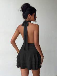 Faeriesty Elegant Halter Neck Backless Mini Dress With Layered Ruffle Hem Black - Black - View 1