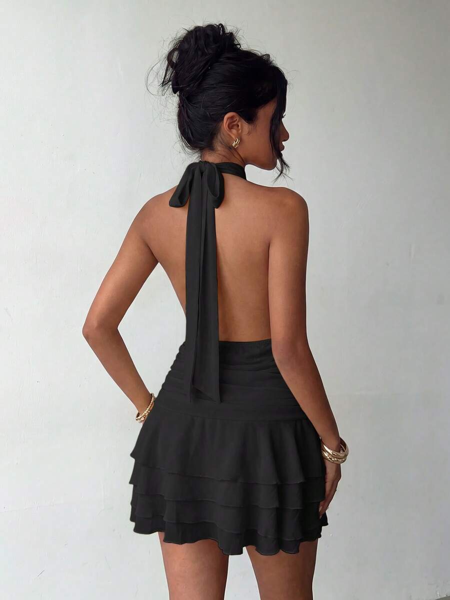 Faeriesty Elegant Halter Neck Backless Mini Dress With Layered Ruffle Hem Black - Black - View 1