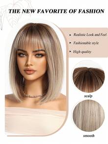 12 Inch Platinum Blonde Straight Bob Wig With Bangs, Shoulder Length Smooth Synthetic Fiber Women's Wig, Heat Resistant Natural Fashion, Suitable For Daily Wear, Date, Party, Cosplay, Halloween Costume - Multicolor - View 5
