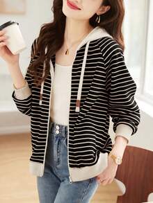 YUXIN Fashion Striped Full Zip Hooded Jacket, Women's Casual Long Sleeve Outerwear, Soft Lining With Adjustable Drawstring, Spring/Autumn Vacation Jacket - Black and White - View 3